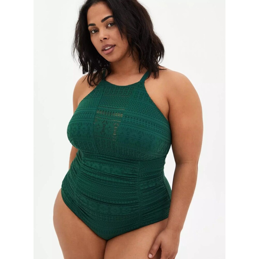 Torrid Women's One Piece Swimsuit Plus Size 6x Olive Green Crochet High Neck